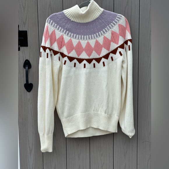 Free Assembly Sweaters - Free Assembly Cream Sweater with Pink and Purple Patterns- Cotton & Wool